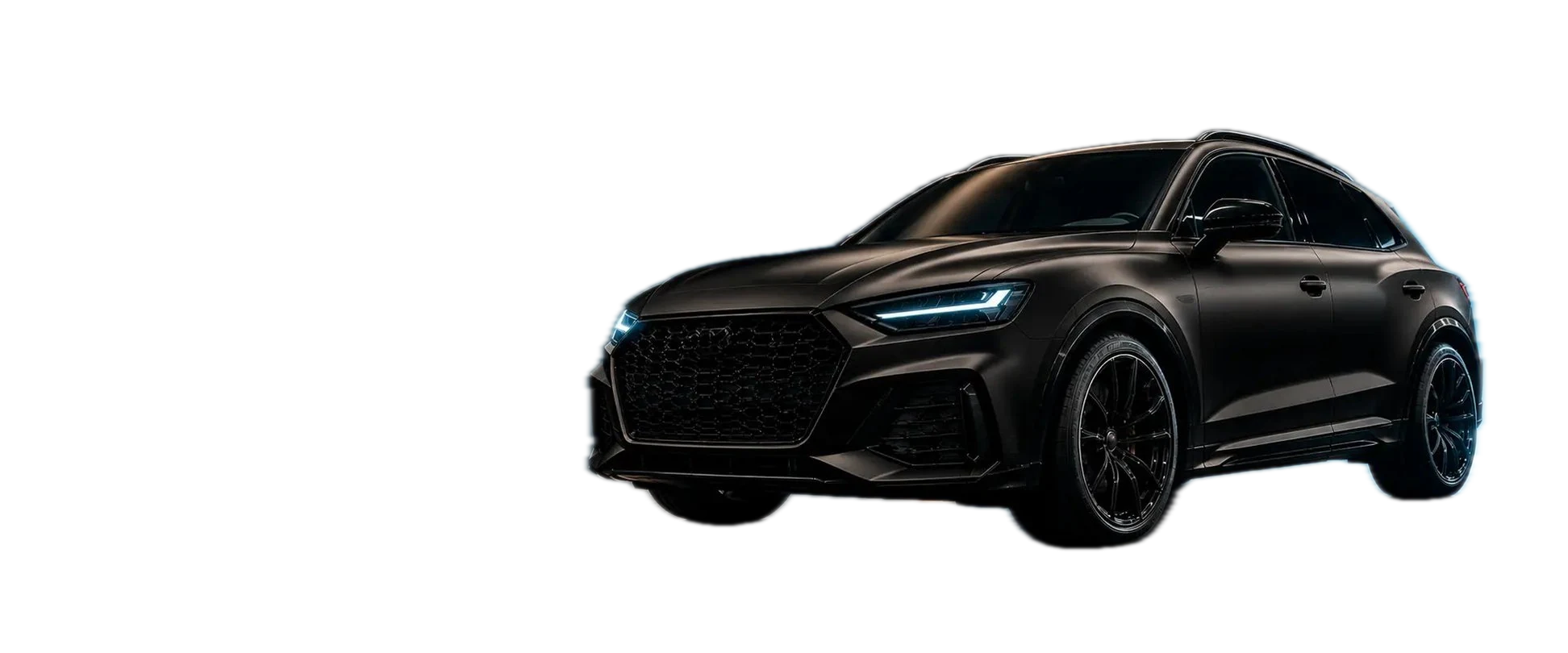 The crossover wrapped in NATT black matte in a dark studio, rendered illustration.